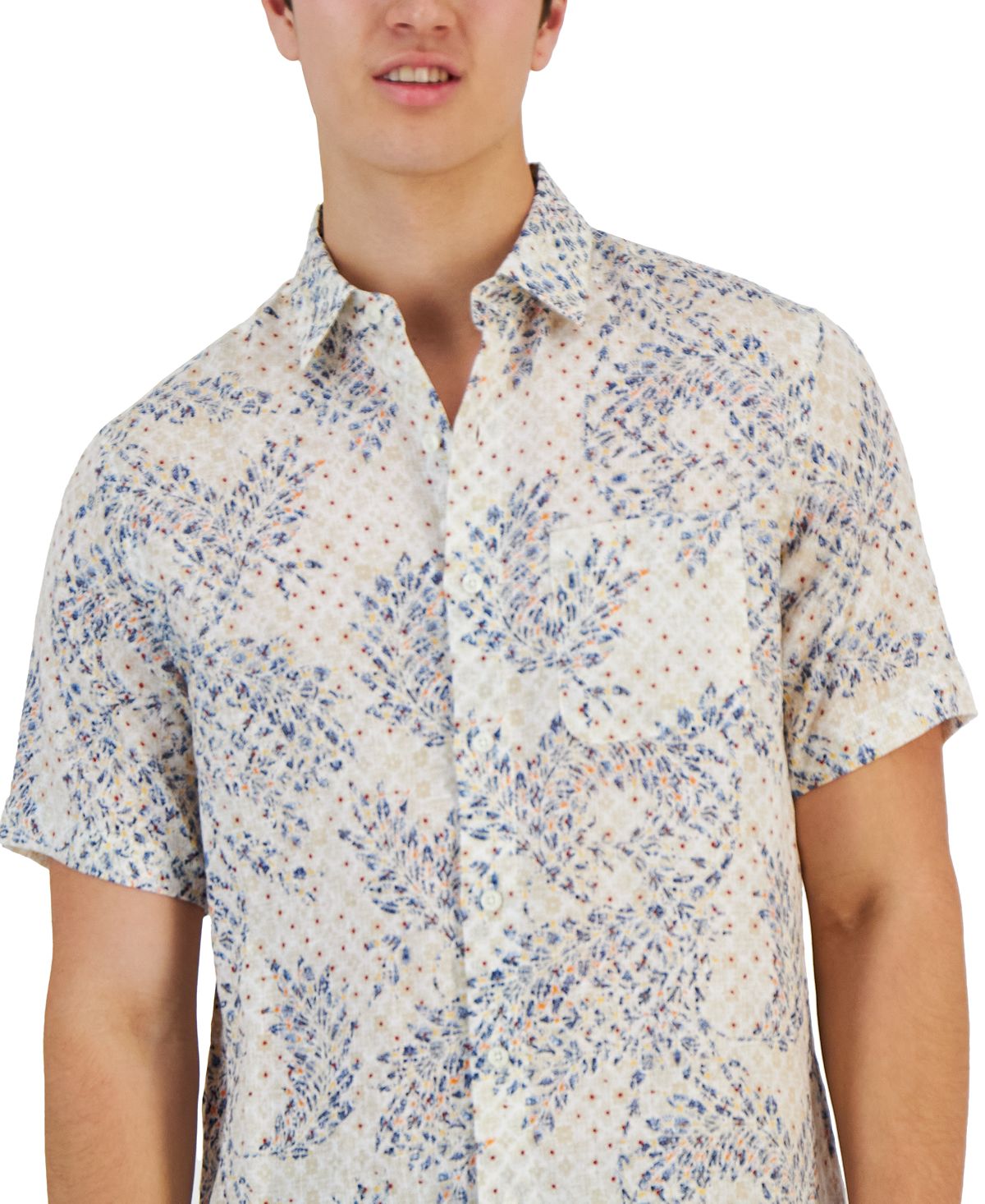 Camisa de linho com estampa de folha Assertta masculina Club Room, manga curta, branca, tamanho médio