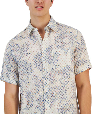 Club Room Men's Assertta Leaf Print Linen Short Sleeve Shirt White Size Medium