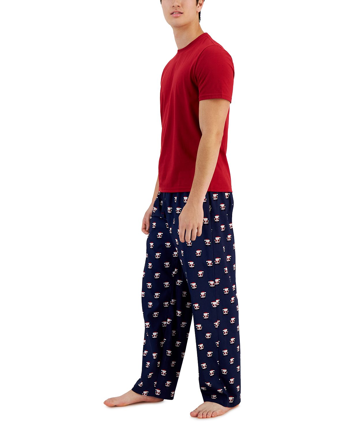 Conjunto de pijama masculino Club Room com blusa lisa e calça de Papai Noel, azul, tamanho médio