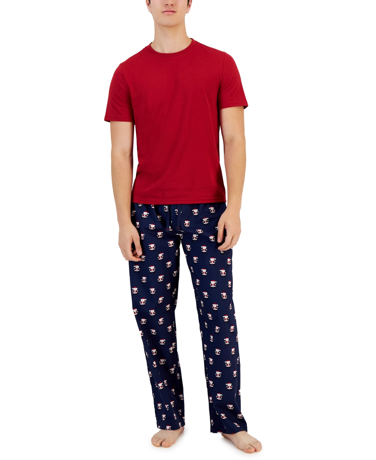 Conjunto de pijama masculino Club Room com blusa lisa e calça de Papai Noel, azul, tamanho grande