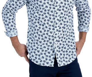 Camisa social masculina de algodão estampada com botões, tamanho pequeno, azul