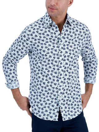 Camisa social masculina de algodão estampada com botões, tamanho pequeno, azul