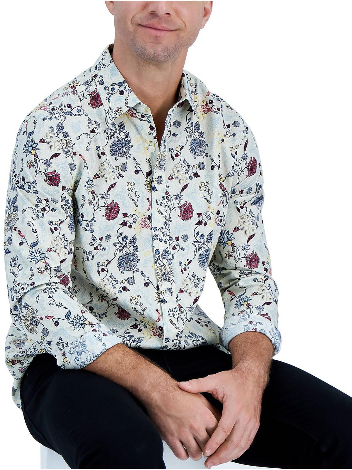 Camisa social masculina Club Room Editto Floral manga comprida com botões, azul, tamanho pequeno