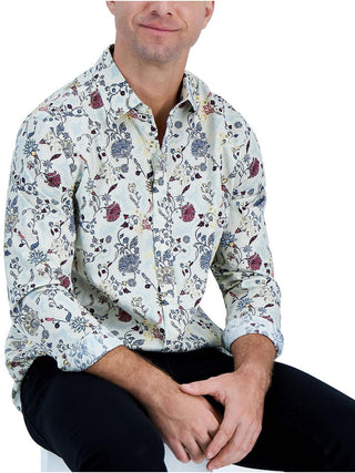 Camisa social masculina Club Room Editto Floral manga comprida com botões, azul, tamanho pequeno