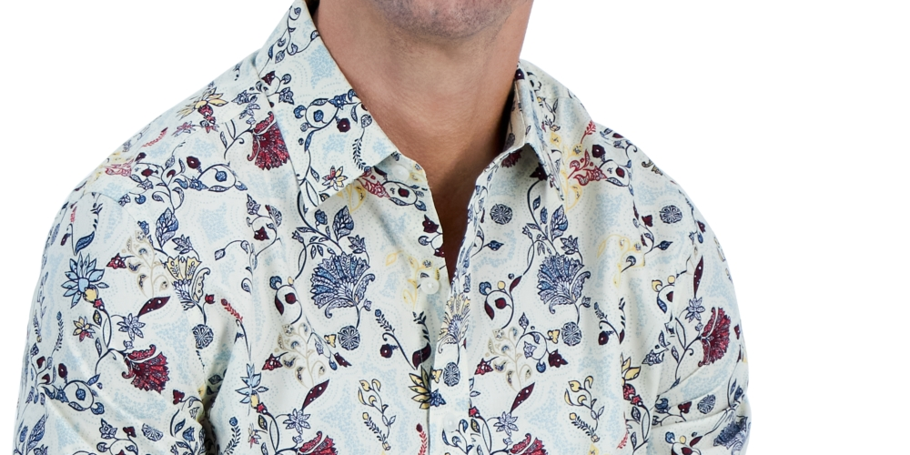 Camisa social masculina Club Room Editto Floral manga comprida com botões, azul, tamanho pequeno