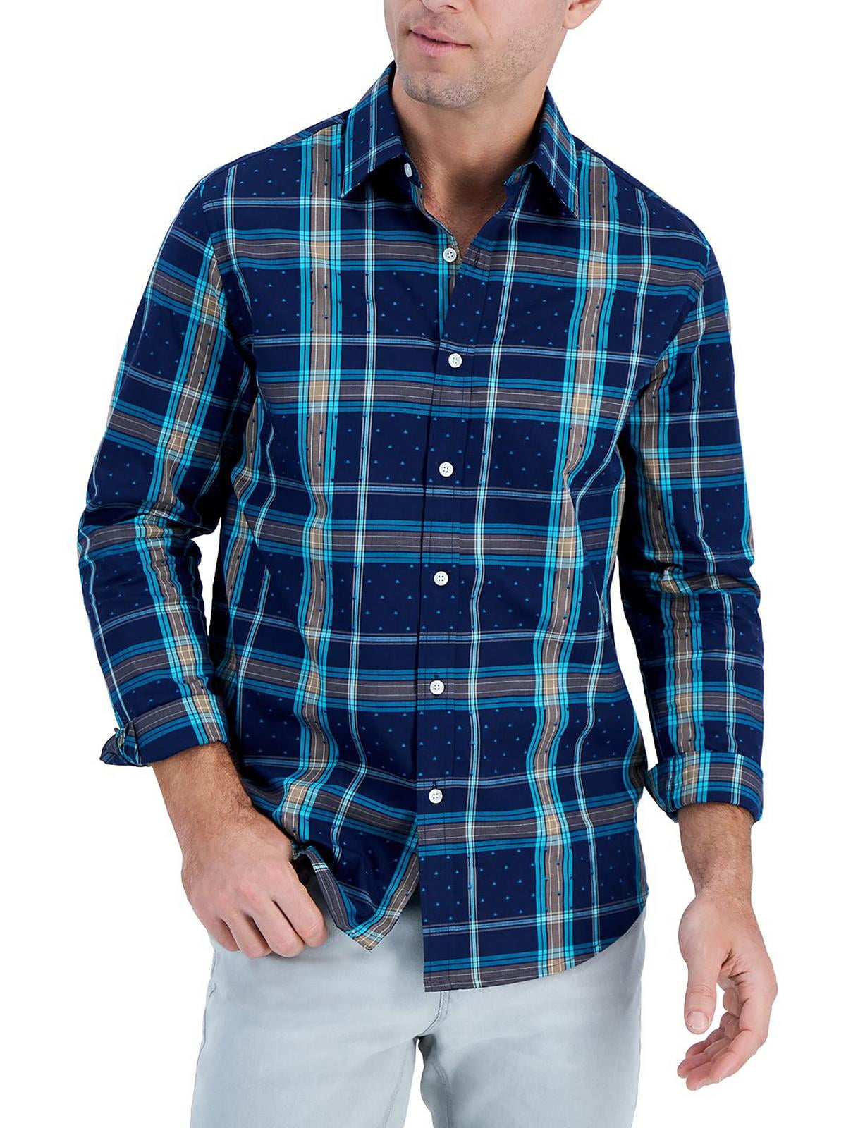 Camisa xadrez de algodão masculina Club Room, azul, tamanho pequeno