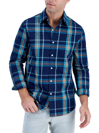 Camisa xadrez de algodão masculina Club Room, azul, tamanho pequeno