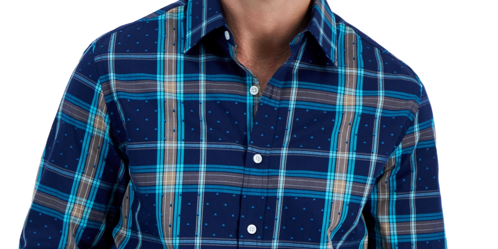 Camisa xadrez de algodão masculina Club Room, azul, tamanho pequeno
