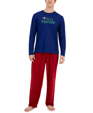 Conjunto de pijama masculino Club Room, 2 peças, camiseta de manga comprida e calça de lã, vermelho, tamanho grande