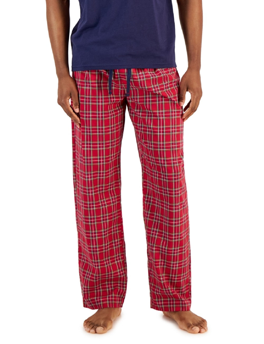 Conjunto de pijama masculino Club Room com blusa lisa e parte de baixo xadrez, vermelho, tamanho médio
