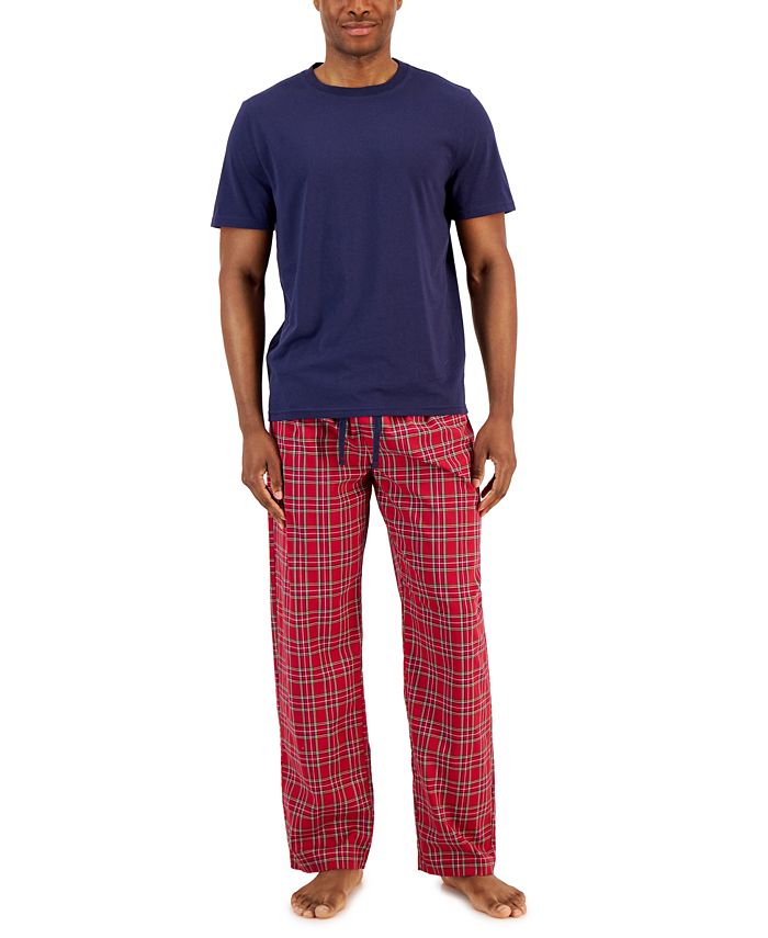 Conjunto de pijama masculino Club Room com blusa lisa e calça xadrez, vermelho, tamanho G