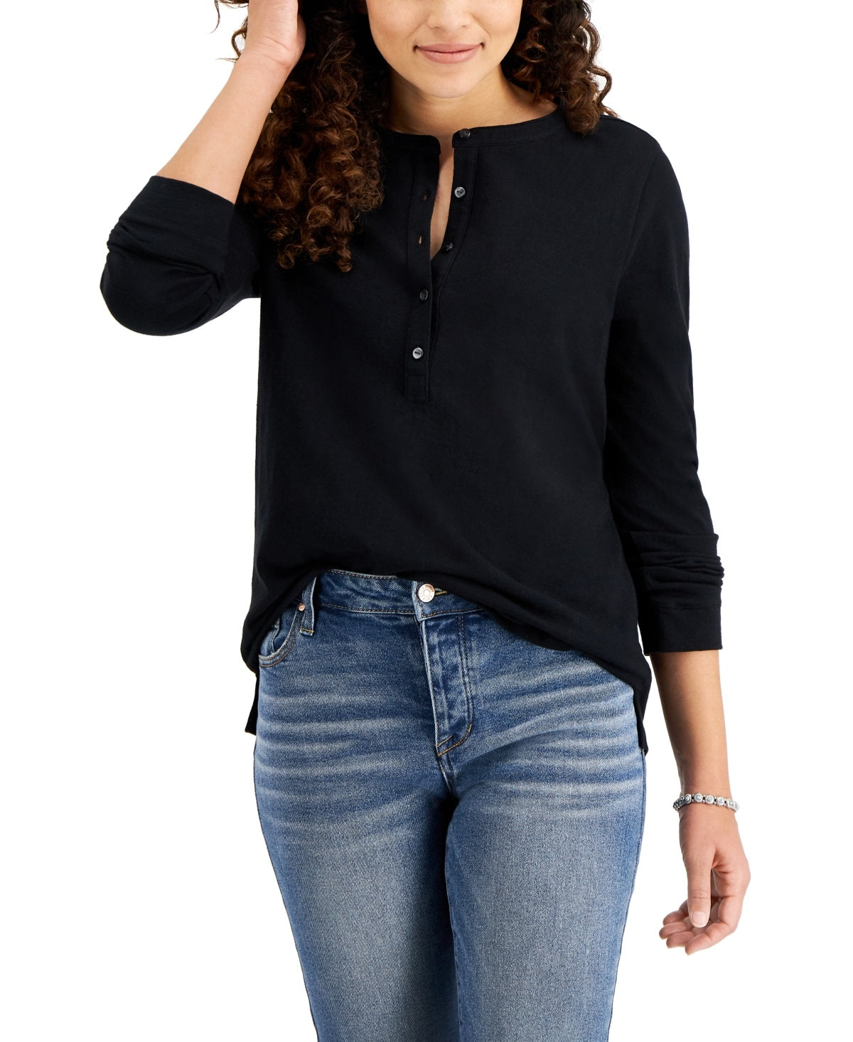 Blusa de gola redonda feminina de algodão estilo &amp; co, preta, tamanho médio
