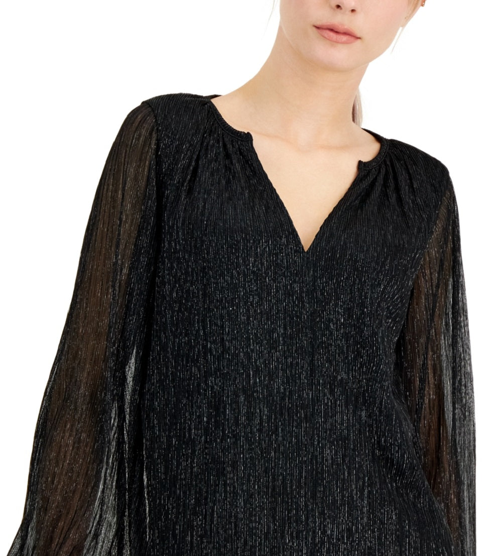 Top feminino Alfani Metallic Peasant, preto, tamanho 44