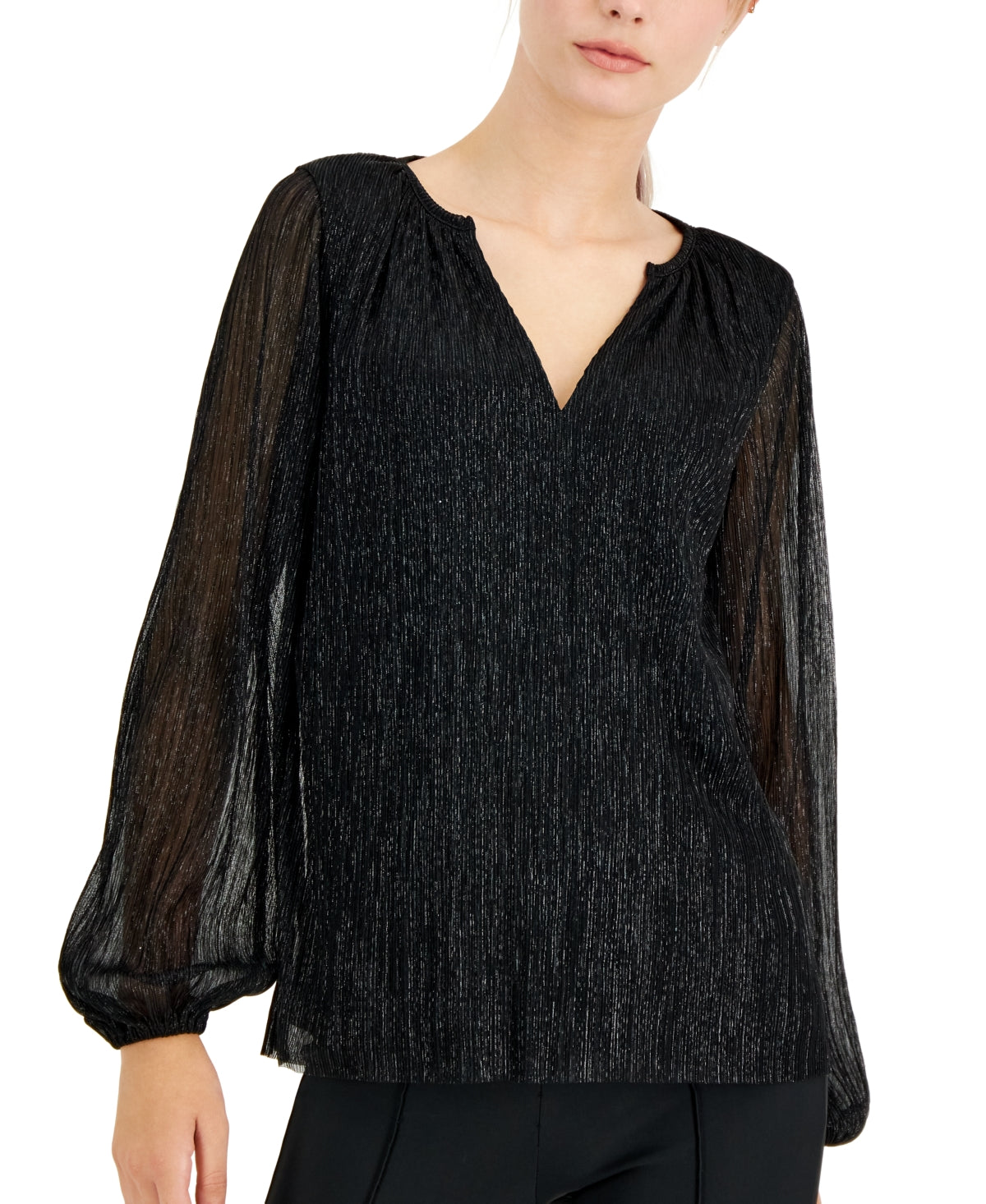 Top feminino Alfani Metallic Peasant, preto, tamanho 44