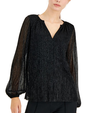 Alfani Women's Metallic Peasant Top Black Size 44