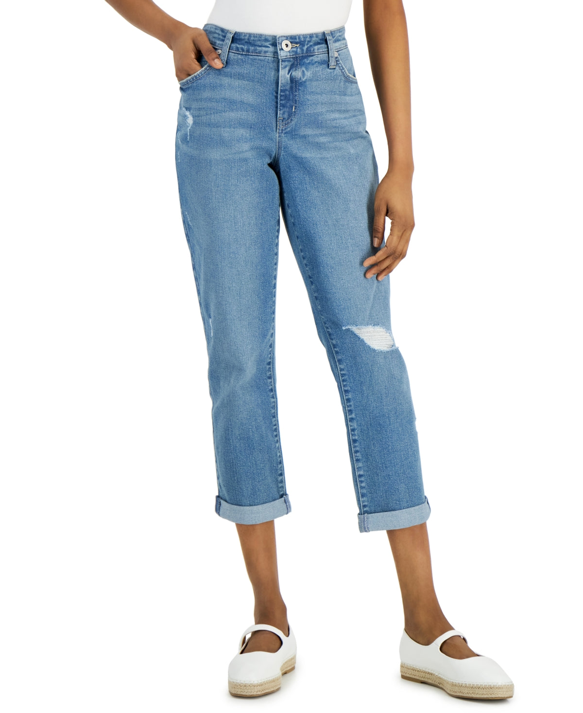 Jeans Curvy Destructed Girlfriend feminino Style &amp; Co, azul, tamanho 6