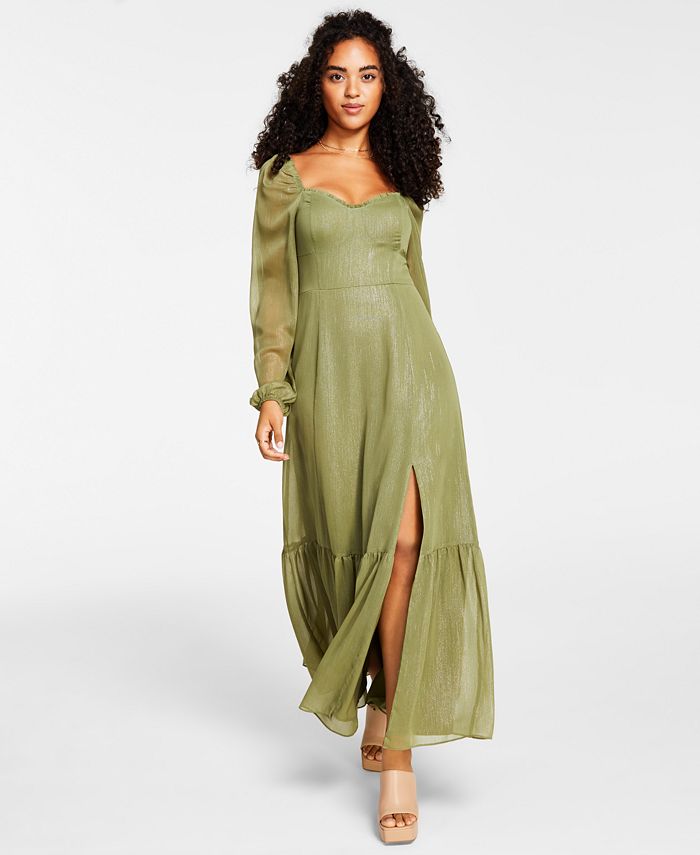 Vestido feminino corpete com fenda lateral e babados Bar III, verde, tamanho médio
