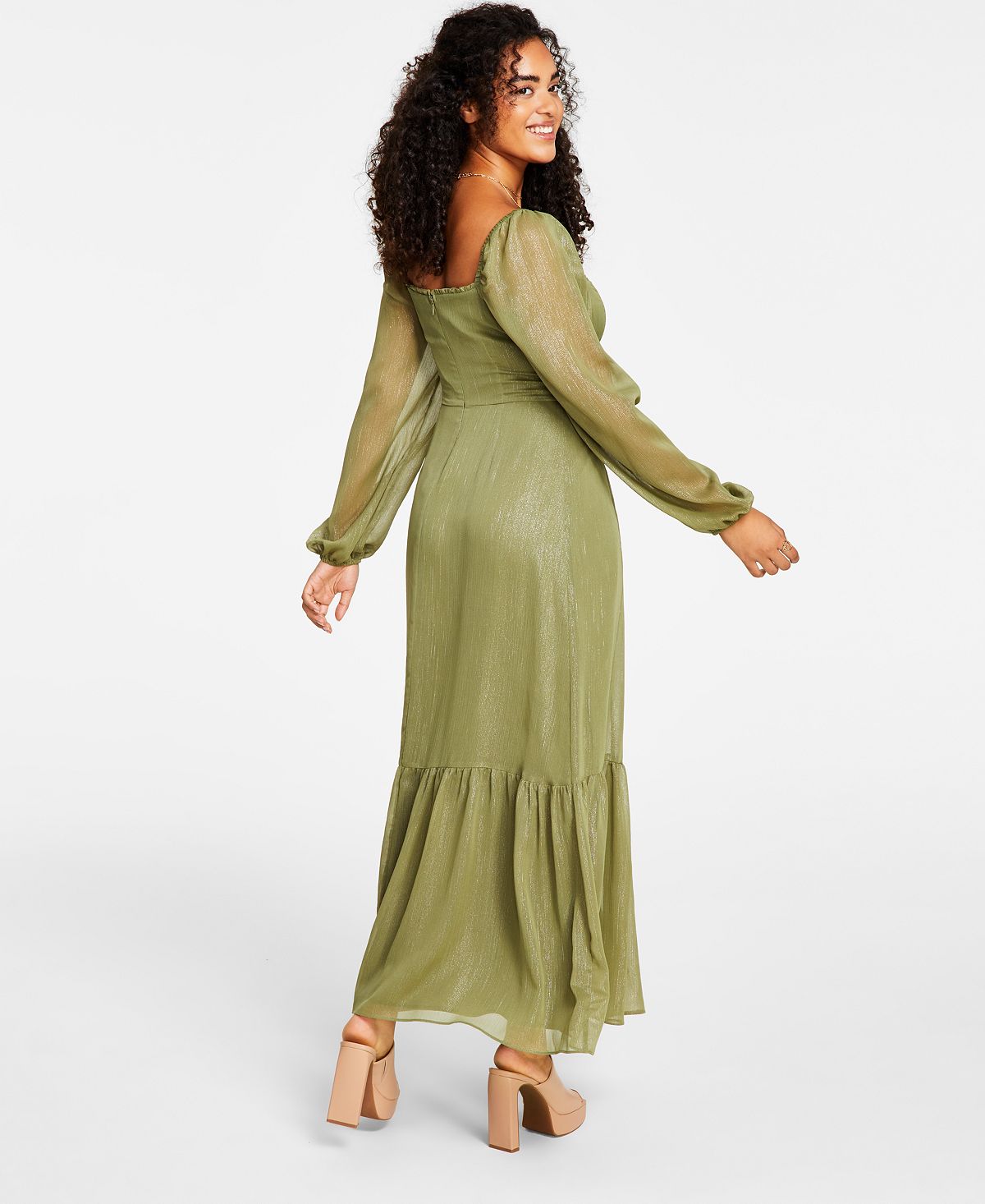 Vestido feminino corpete com fenda lateral e babados Bar III, verde, tamanho médio