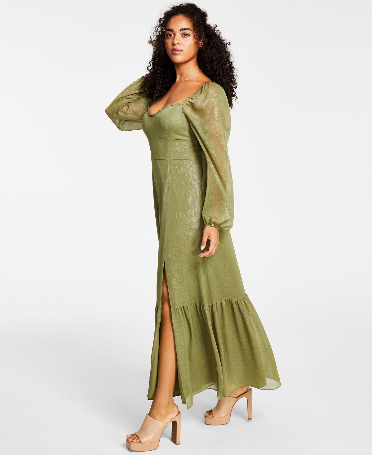 Vestido feminino corpete com fenda lateral e babados Bar III, verde, tamanho médio