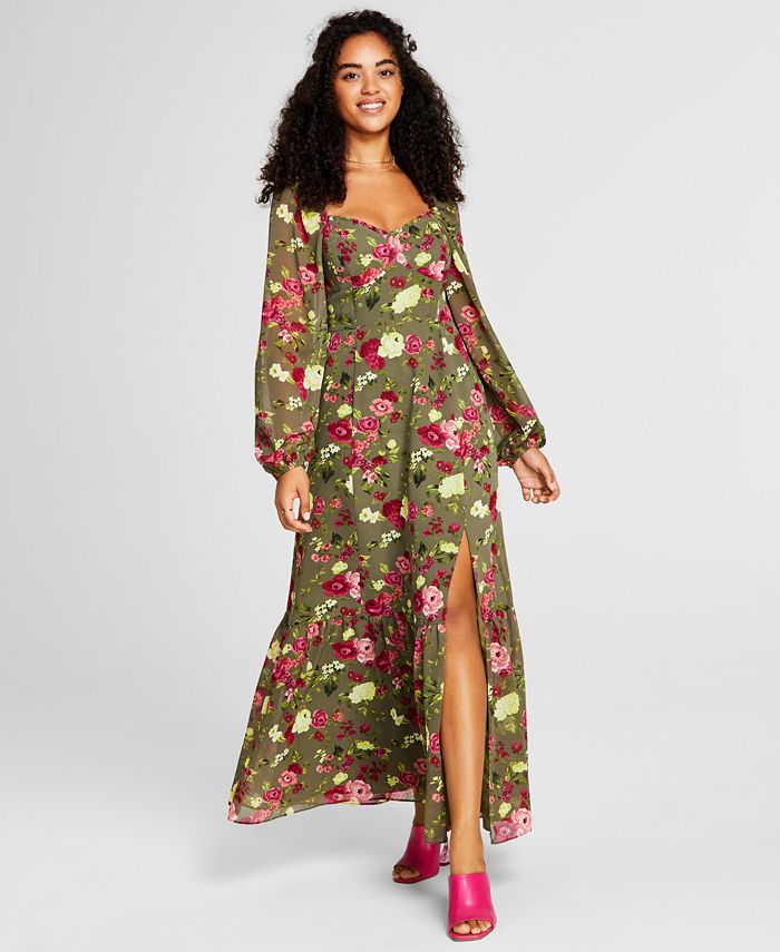 Vestido longo feminino Bar III com estampa bustiê e fenda lateral, verde, tamanho pequeno