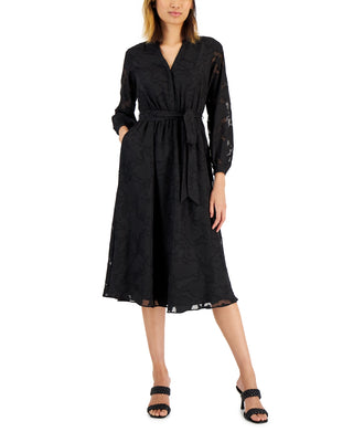 Vestido-camisa feminino Alfani com mangas e cinto em malha jacquard, preto, tamanho 4, pequeno