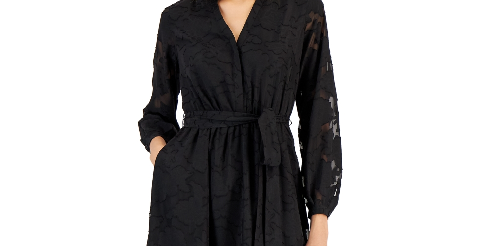 Vestido-camisa feminino Alfani com mangas e cinto em malha jacquard, preto, tamanho 4, pequeno