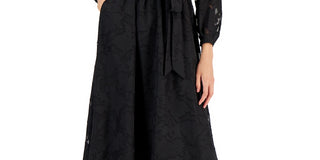 Vestido-camisa feminino Alfani com mangas e cinto em malha jacquard, preto, tamanho 4, pequeno