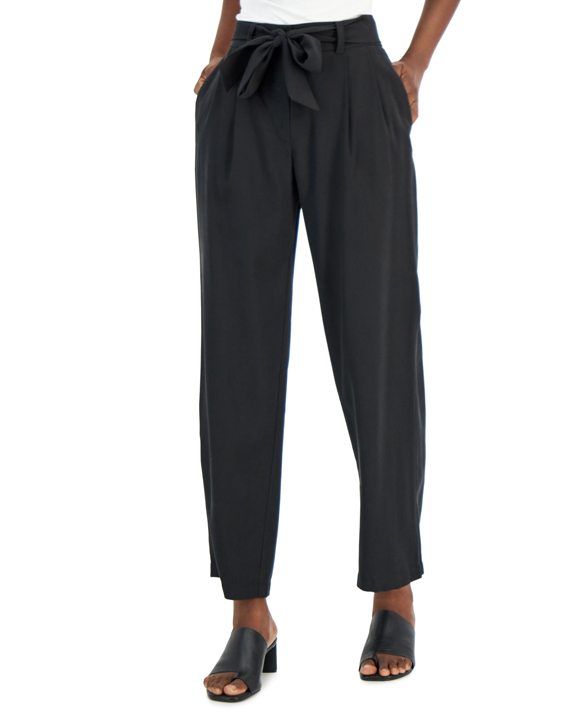 Calça Alfani Feminina com Cinto e Amarração, Preta, Tamanho 6