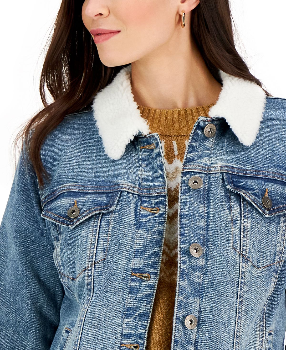 Jaqueta jeans feminina com gola sherpa estilo &amp; co, azul, tamanho médio