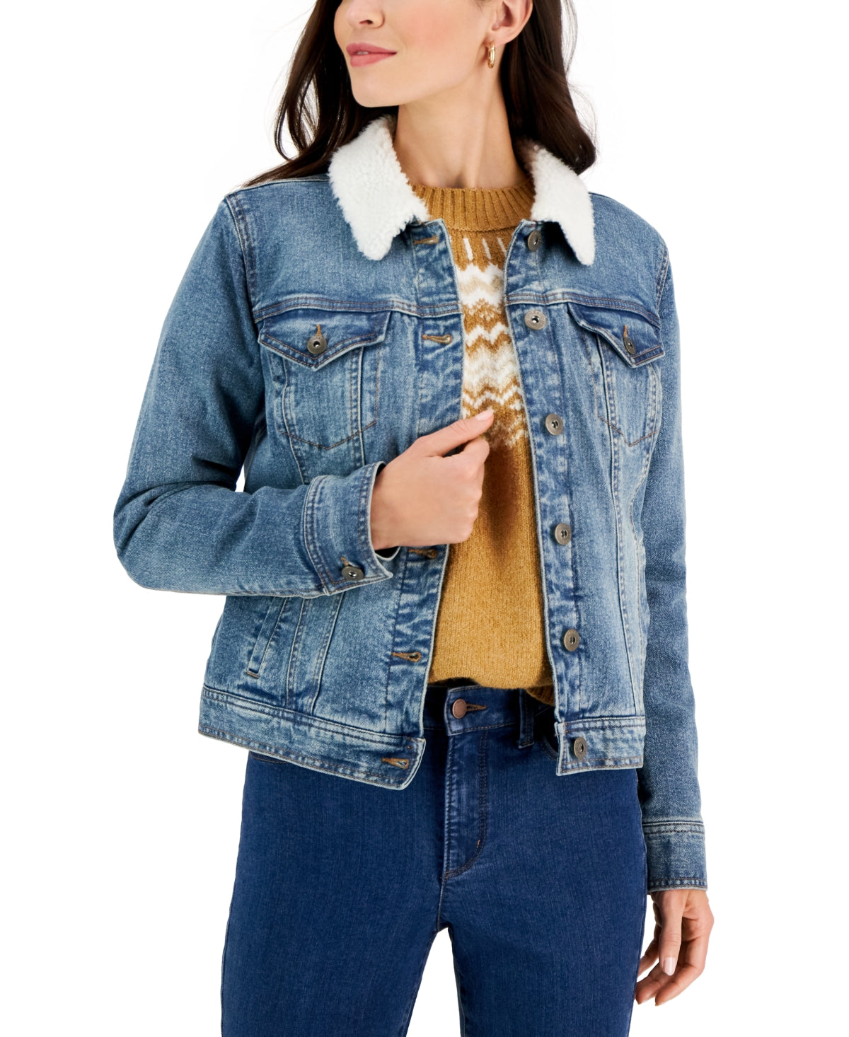 Jaqueta jeans feminina com gola sherpa estilo &amp; co, azul, tamanho médio
