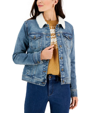 Jaqueta jeans feminina com gola sherpa estilo &amp; co, azul, tamanho médio