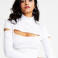 Blusa feminina Bar III com decote careca canelado e manga comprida, branca, tamanho X-S