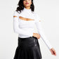 Blusa feminina Bar III com decote careca canelado e manga comprida, branca, tamanho X-S
