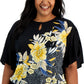 JM Collection Blusa feminina com decote vazado e estampa floral, preta, tamanho 1X
