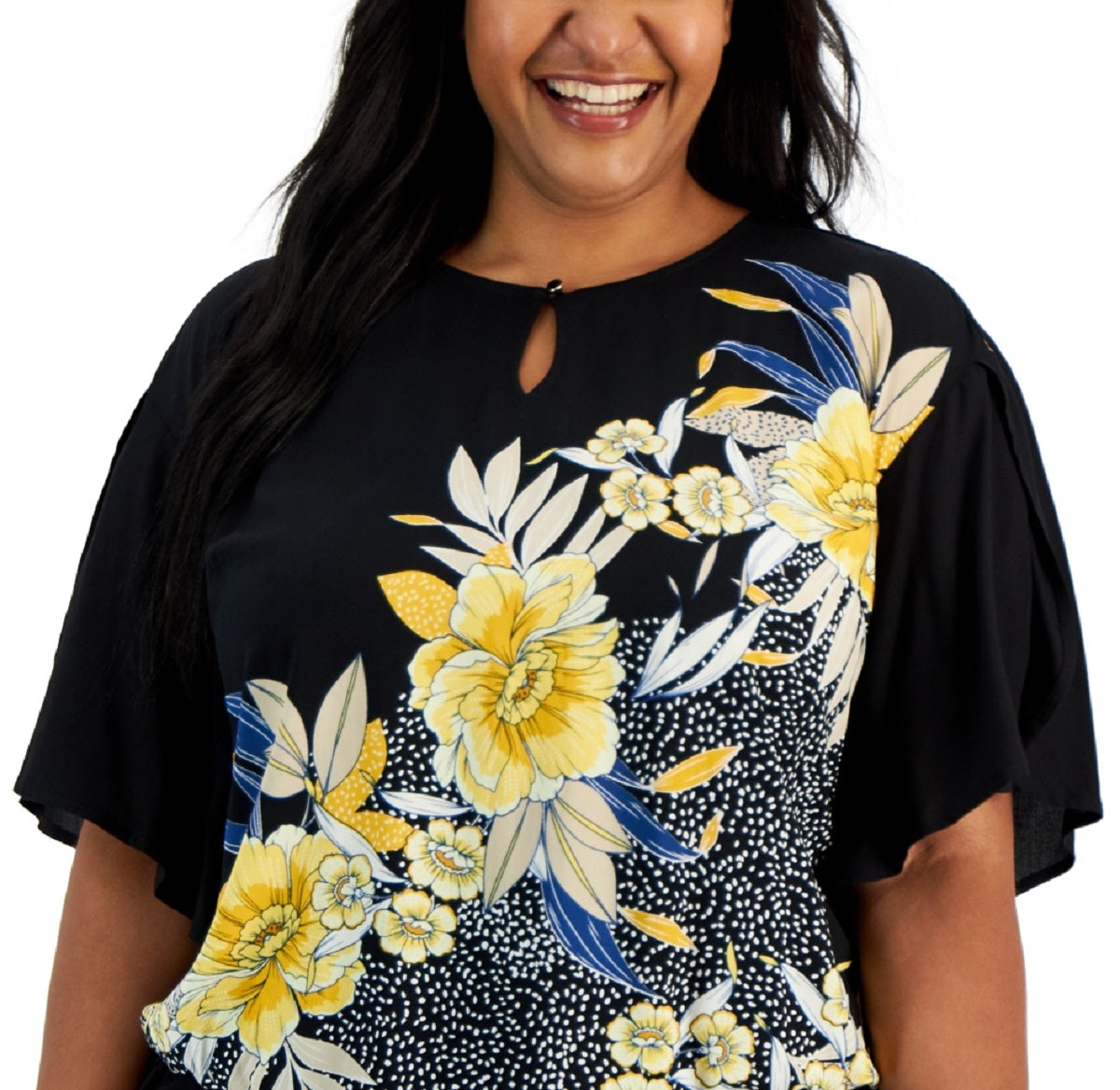 JM Collection Blusa feminina com decote vazado e estampa floral, preta, tamanho 1X