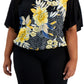 JM Collection Blusa feminina com decote vazado e estampa floral, preta, tamanho 1X