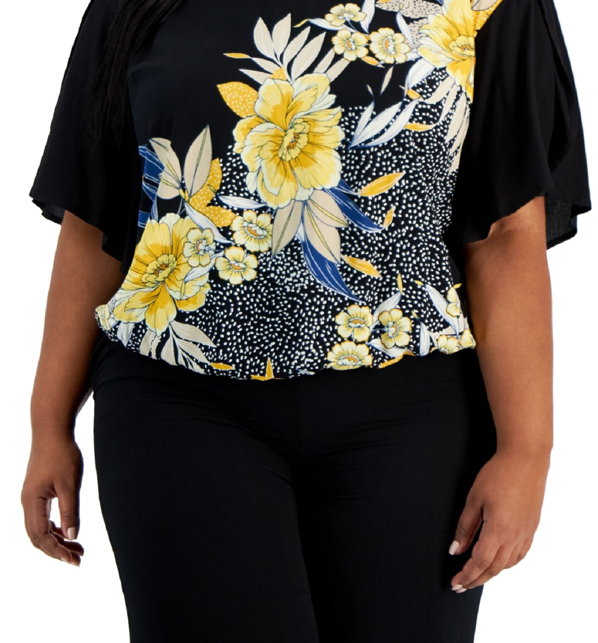 JM Collection Blusa feminina com decote vazado e estampa floral, preta, tamanho 1X