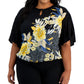 JM Collection Blusa feminina com decote vazado e estampa floral, preta, tamanho 1X