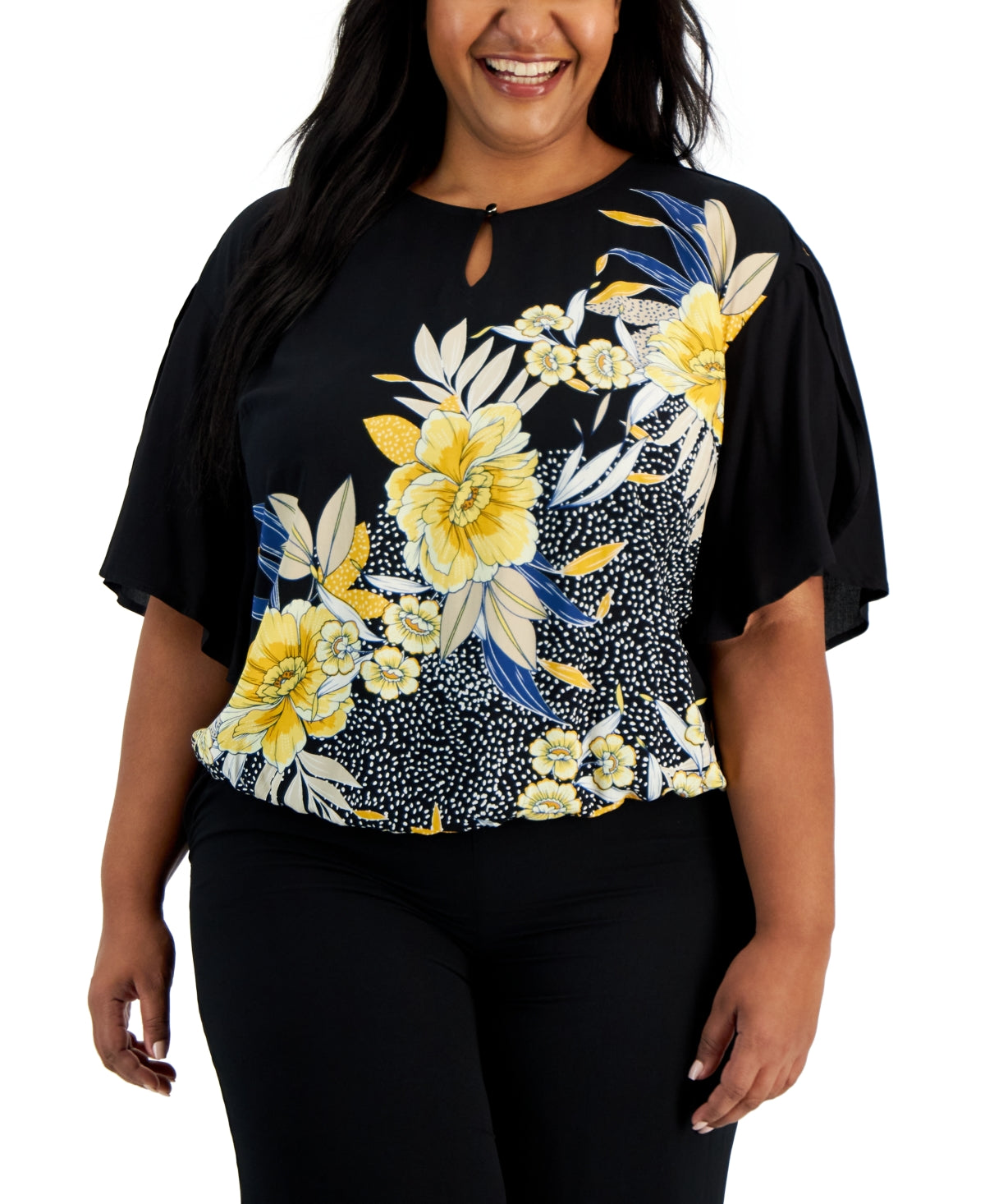 JM Collection Blusa feminina com decote vazado e estampa floral, preta, tamanho 1X