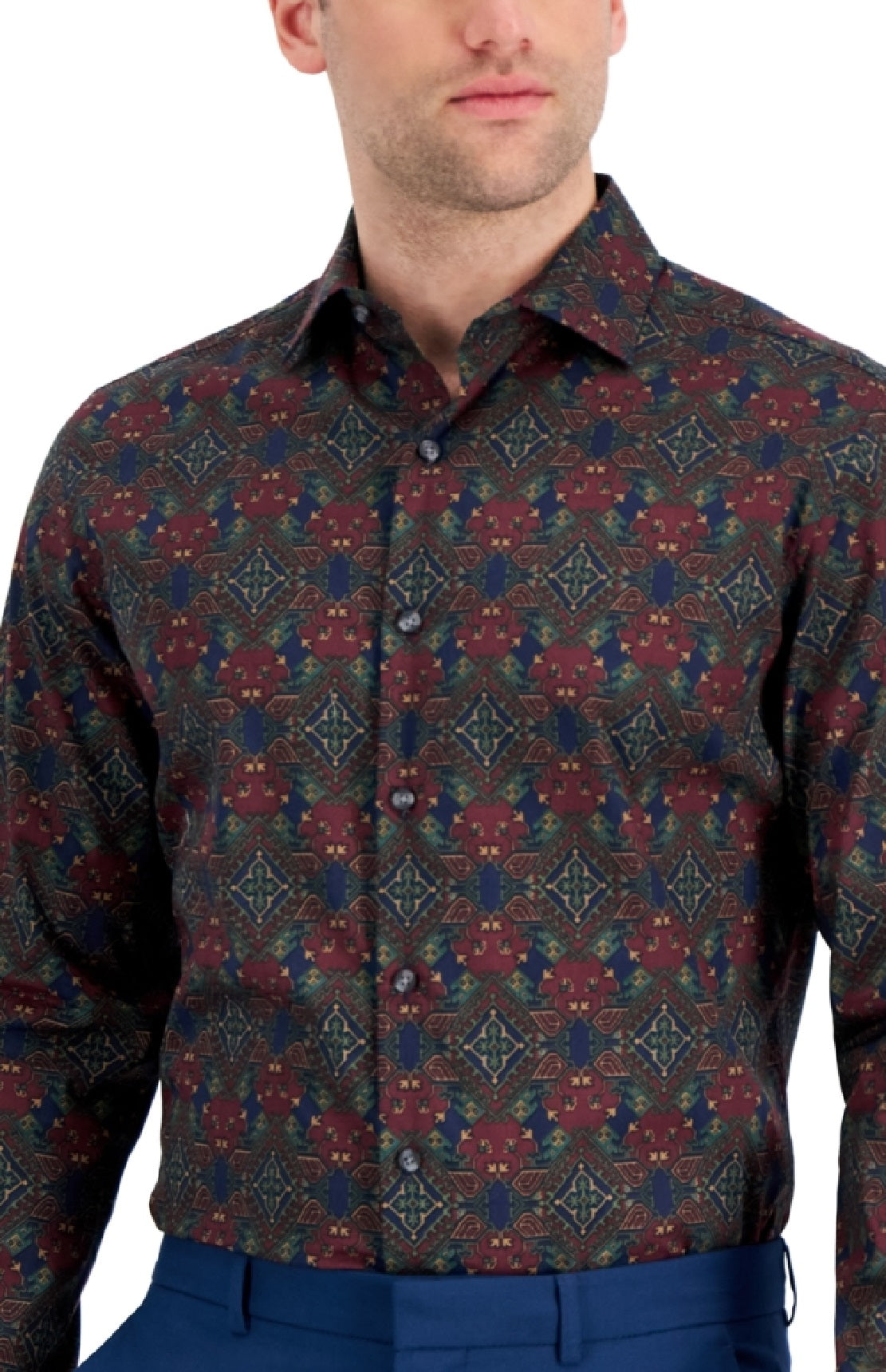 Camisa social masculina Bar III Slim Fit Performance Stretch Geo Print Azul Tamanho Médio