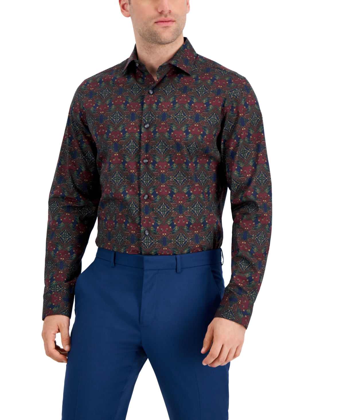 Camisa social masculina Bar III Slim Fit Performance Stretch Geo Print Azul Tamanho Médio