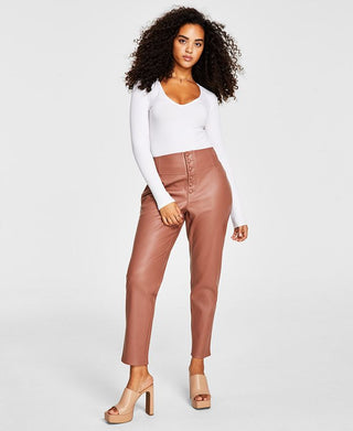 Bar III Women's Faux Leather Button Fly Ankle Pants Brown Size 4