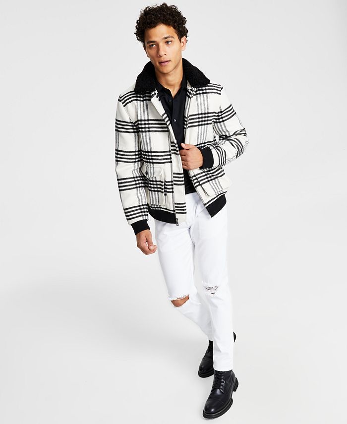 INC International Concepts Jaqueta xadrez masculina com gola de lã Loki e zíper frontal, branca, tamanho grande