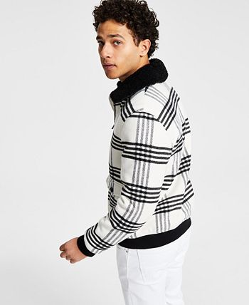 INC International Concepts Jaqueta xadrez masculina com gola de lã Loki e zíper frontal, branca, tamanho extragrande