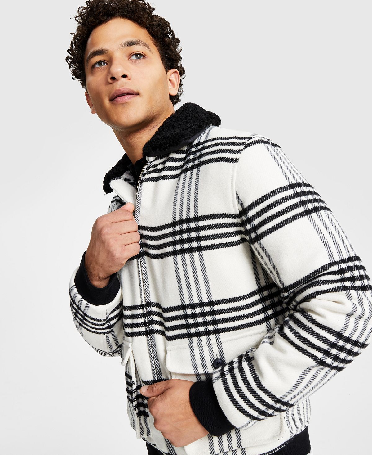 INC International Concepts Jaqueta xadrez masculina com gola de lã Loki e zíper frontal, branca, tamanho extragrande