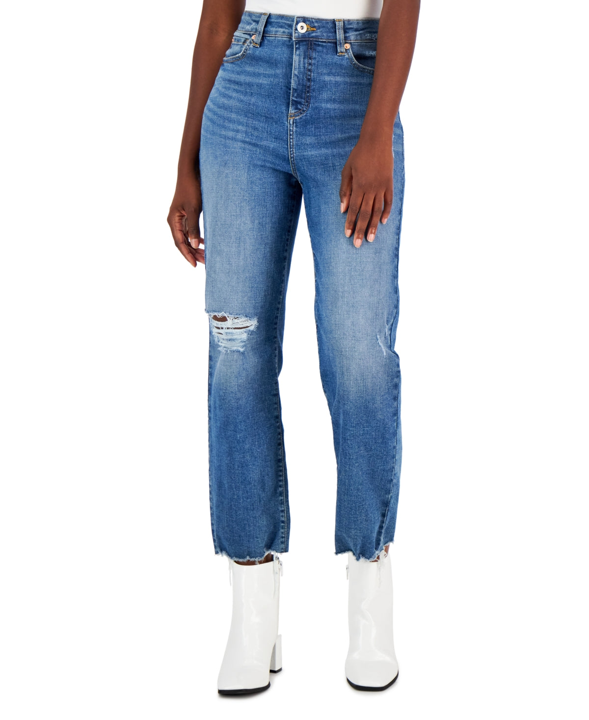 Calça jeans feminina rasgada, cintura alta, azul, tamanho 0, da INC International Concepts