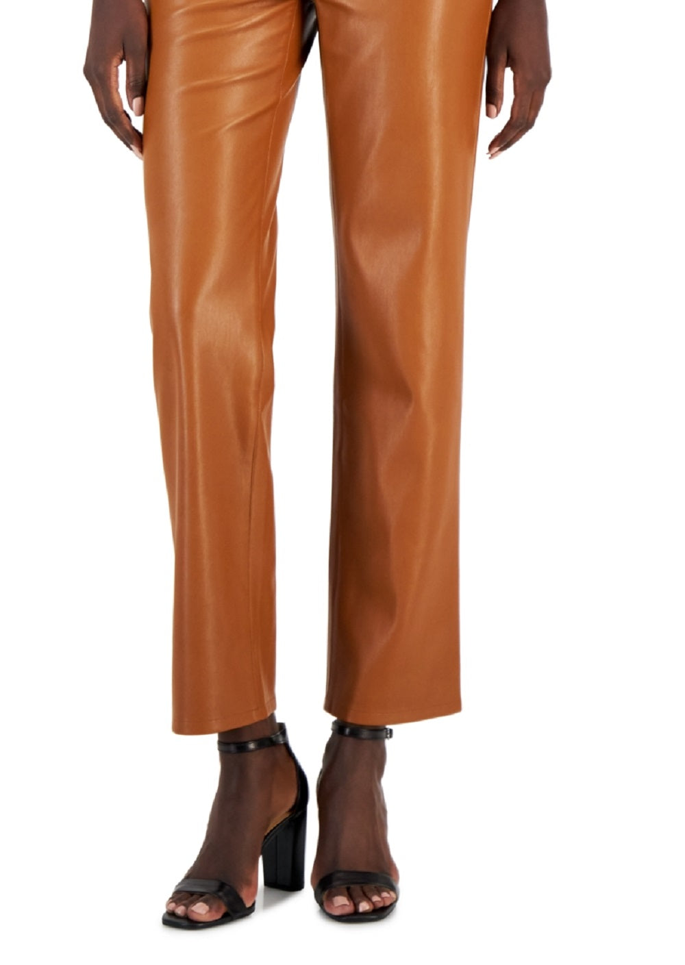 Calça feminina de couro sintético com perna reta INC International Concepts, marrom, tamanho 16