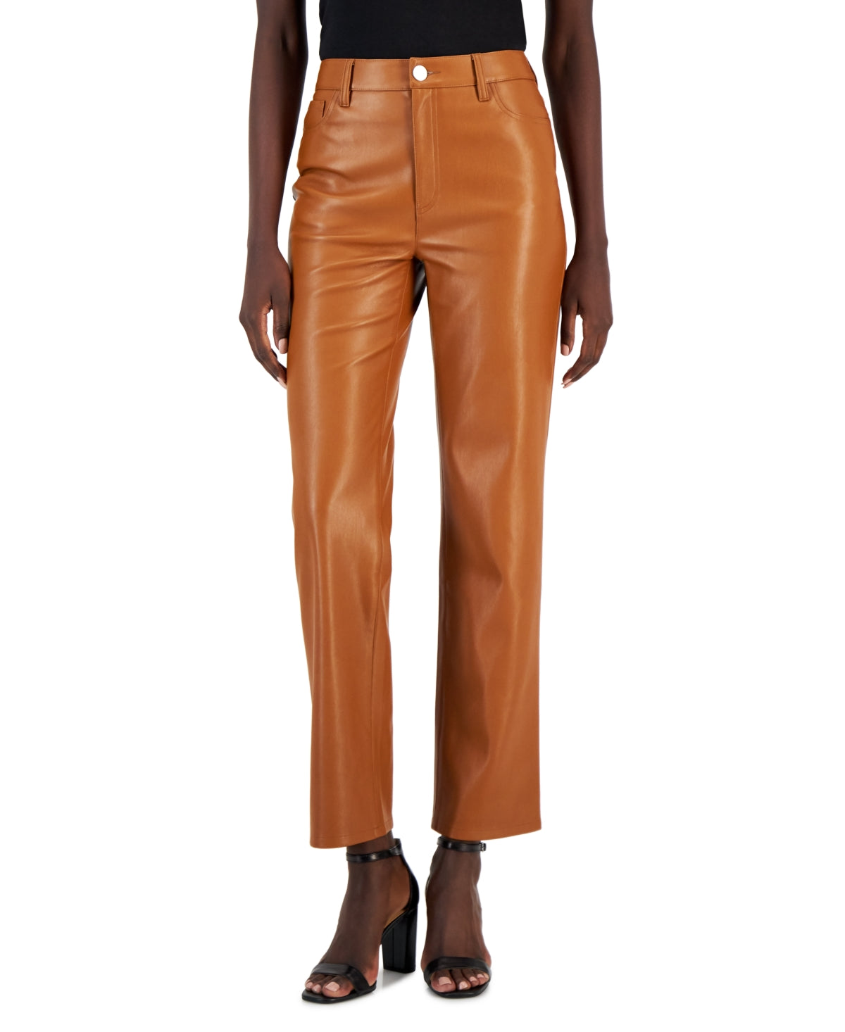 Calça feminina de couro sintético com perna reta INC International Concepts, marrom, tamanho 16