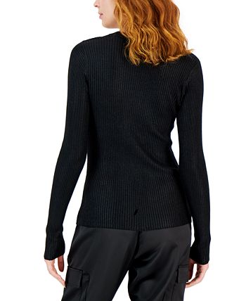 Suéter feminino com decote redondo e estampa de folha da INC International Concepts, preto, tamanho pequeno