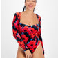 Body feminino Bar III com estampa floral e decote quadrado em veludo, tamanho pequeno, vermelho